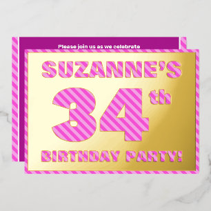 Invitación Con Relieve Metalizado 34ª Fiesta de Cumpleaños — Negrita, Diversión, Ban