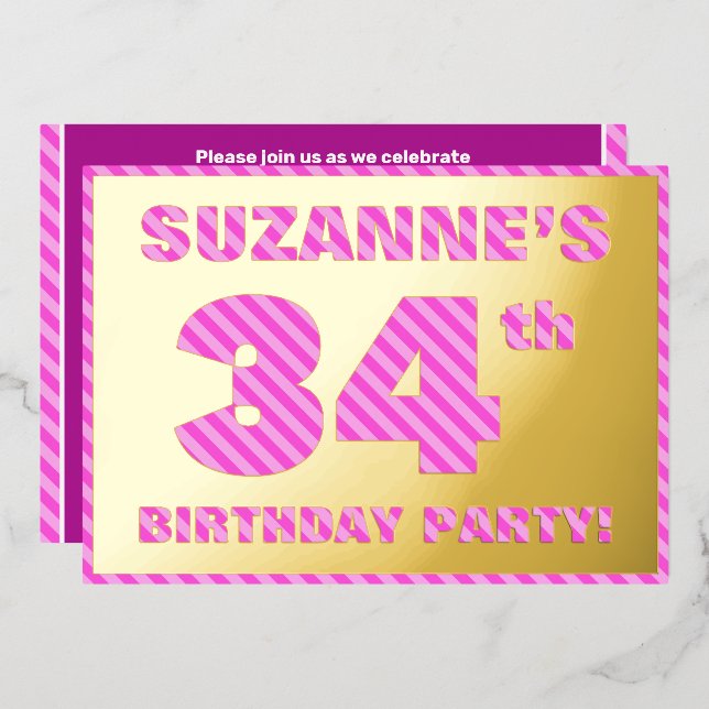 Invitación Con Relieve Metalizado 34ª Fiesta de Cumpleaños — Negrita, Diversión, Ban (Anverso/Reverso)