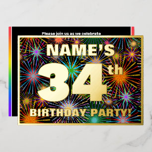 Invitación Con Relieve Metalizado 34.ª fiesta de cumpleaños — Divertido, coloridos f