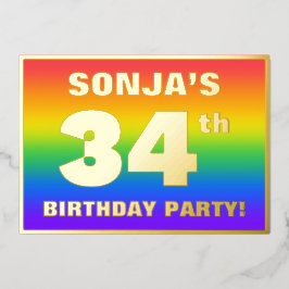 Invitación Con Relieve Metalizado 34th Birthday Party: Fun, Colorful Rainbow Pattern