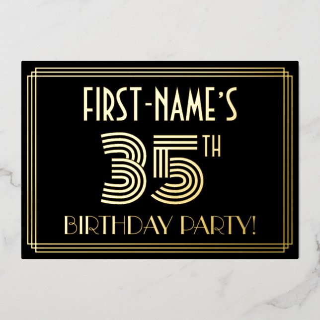 Invitación Con Relieve Metalizado 35ª Fiesta de Cumpleaños — Estilo Art Deco "35" +  (Anverso)
