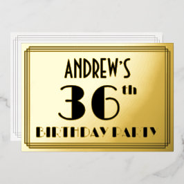 Invitación Con Relieve Metalizado 36ª Fiesta de Cumpleaños — Aspecto Art Deco "36" +