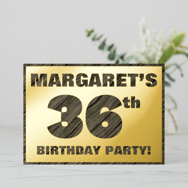 Invitación Con Relieve Metalizado 36ª Fiesta de Cumpleaños — Audaz, Faux Wood Grain  (Anverso de pie)