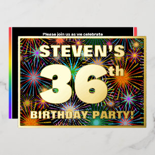 Invitación Con Relieve Metalizado 36ª Fiesta de Cumpleaños — Diversión, Coloridos fu