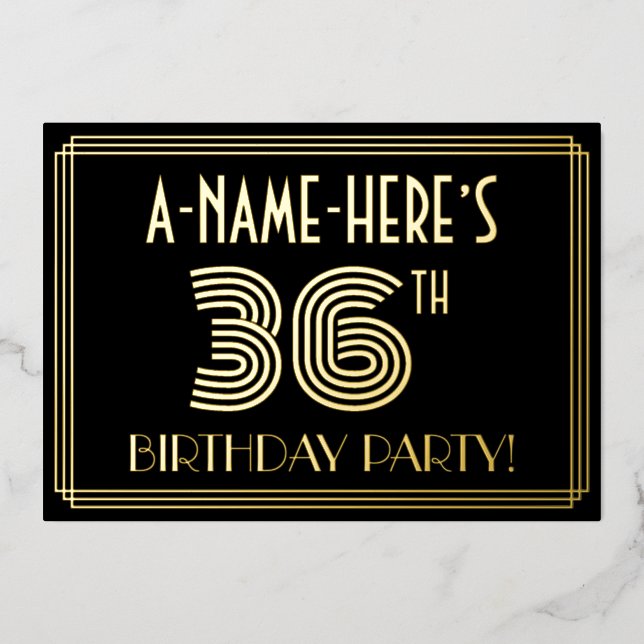 Invitación Con Relieve Metalizado 36ª Fiesta de Cumpleaños — Estilo Art Deco "36" +  (Anverso)