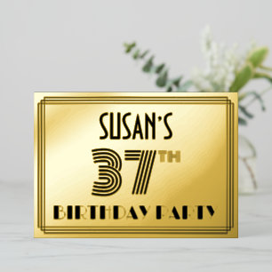 Invitación Con Relieve Metalizado 37ª Fiesta de Cumpleaños — Estilo Art Deco "37" y