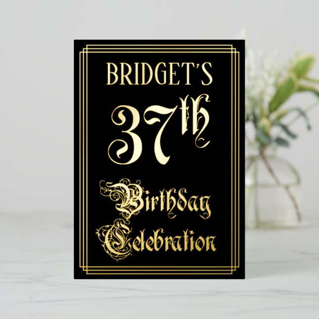 Invitación Con Relieve Metalizado 37.ª Fiesta de Cumpleaños — Guión de fantasía y no (Anverso de pie)