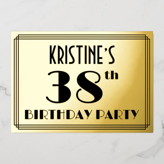 Invitación Con Relieve Metalizado 38ª Fiesta de Cumpleaños — Aspecto Art Deco "38" + (Anverso)