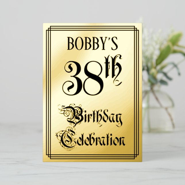 Invitación Con Relieve Metalizado 38ª Fiesta de Cumpleaños — Guión Elegante + Nombre (Anverso de pie)