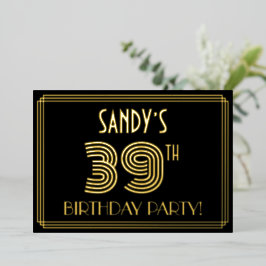 Invitación Con Relieve Metalizado 39ª Fiesta de Cumpleaños — Estilo Art Deco "39" + 
