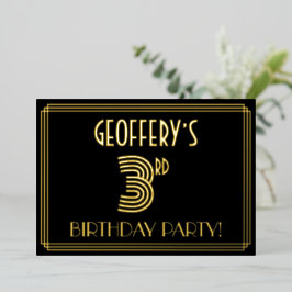 Invitación Con Relieve Metalizado 3.ᵉʳ Fiesta de cumpleaños — Art Deco Style "3" + N