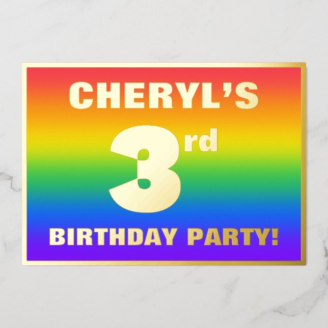 Invitación Con Relieve Metalizado 3.ᵉʳ Fiesta de cumpleaños: Patrón arcoiris diverti (Anverso)