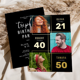 Invitación Con Relieve Metalizado 3 Foto Fiesta de Cumpleaños Conjunta Negro Oro