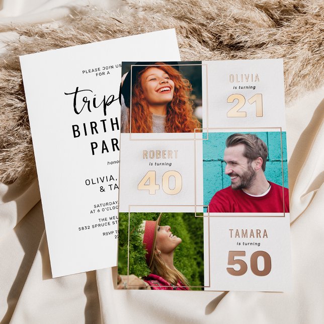 Invitación Con Relieve Metalizado 3 Foto Partido de cumpleaños White Rose Gold (Subido por el creador)