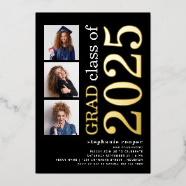 Invitación Con Relieve Metalizado 3 Fotos Graduación 2025 Negro Oro Hoja Real