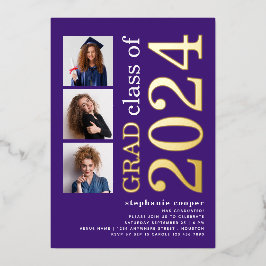 Invitación Con Relieve Metalizado 3 Fotos Graduación 2025 Purpura Oro Real 
