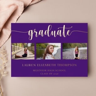 Invitación Con Relieve Metalizado 3 Photo Elegant Graduación Purple Gold