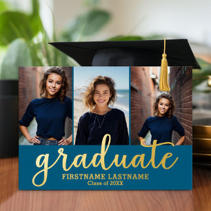 Invitación Con Relieve Metalizado 3 Photo Graduation Party Modern Script Gold