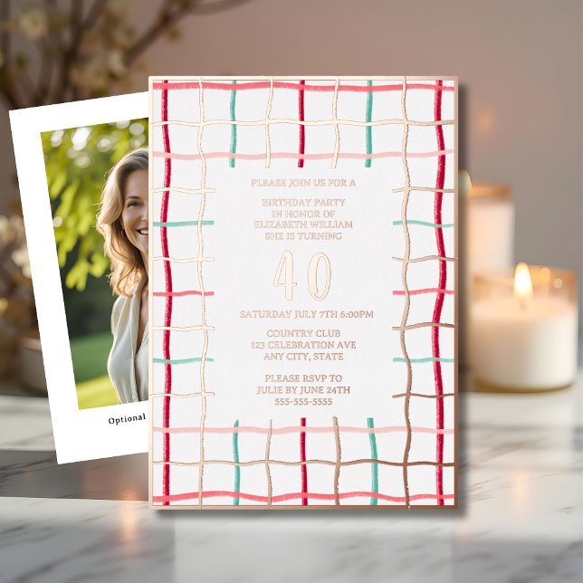 Invitación Con Relieve Metalizado 40.ª Fiesta de cumpleaños planilla líneas dibujada (Subido por el creador)