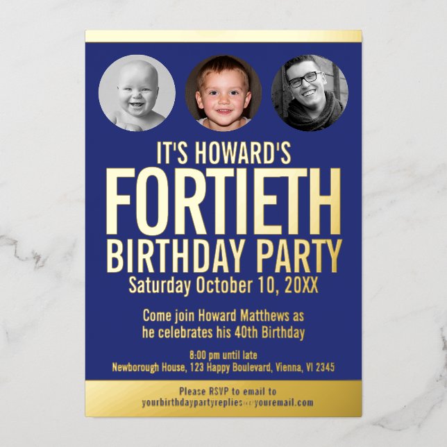 Invitación Con Relieve Metalizado 40.º cumpleaños fiesta Relieve metalizado de oro a (Anverso)