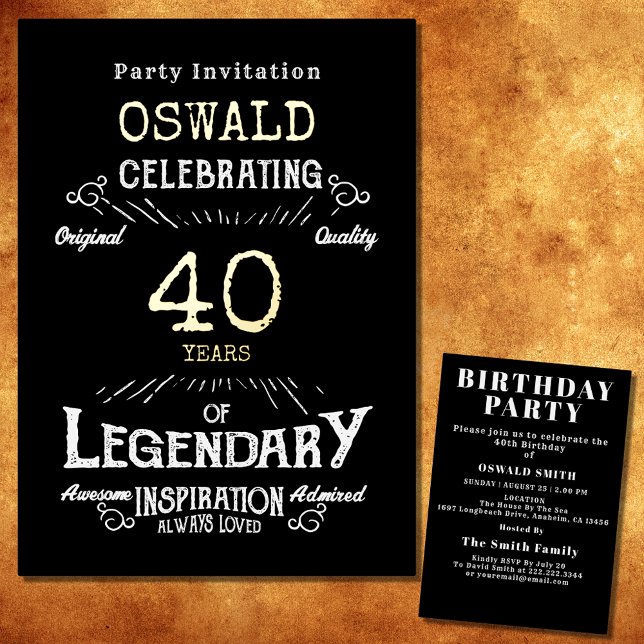 Invitación Con Relieve Metalizado 40.º cumpleaños Nacido legendario Black Gold Retro (For those celebrating their 40th birthday we have the ideal birthday party invitation)