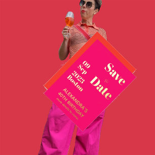 Invitación Con Relieve Metalizado 40.º Cumpleaños Oro Naranja Rosa Salva La Fecha