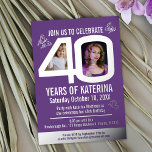 Invitación Con Relieve Metalizado 40.º cumpleaños Relieve metalizado de plata morada<br><div class="desc">Audaz simple gráfico púrpura y plata o tu propia plantilla de fotos a color de Relieve metalizado mariposas 40 cumpleaños invitación de fiesta. Personalice esta invitación de cumpleaños de la mariposa con sus propios detalles de la fiesta de cumpleaños, y una foto de su chica de cumpleaños en el centro...</div>