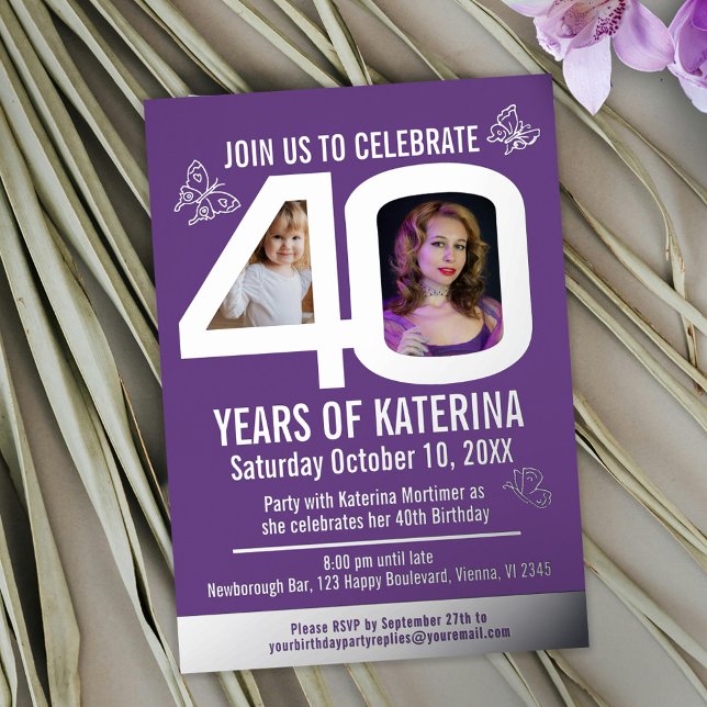 Invitación Con Relieve Metalizado 40.º cumpleaños Relieve metalizado de plata morada (Subido por el creador)