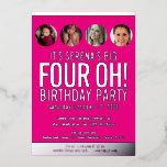 Invitación Con Relieve Metalizado 40.º cumpleaños Relieve metalizado gráfico de oro<br><div class="desc">Negrita simple gráfica brillante rosa caliente, y Relieve metalizado plateado o tu propia plantilla de foto color Relieve metalizado 40ª gran invitación de cuatro cumpleaños. Personalice esta invitación de cumpleaños con sus propios detalles de la fiesta de cumpleaños, y cuatro fotos diferentes de su chica de cumpleaños en los círculos...</div>