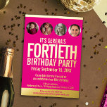 Invitación Con Relieve Metalizado 40.º cumpleaños Relieve metalizado gráfico de oro<br><div class="desc">Audaz simple gráfico brillante rosa caliente, y Relieve metalizado dorado o su propia plantilla de foto color Relieve metalizado 40 cumpleaños invitación. Personalice esta invitación de cumpleaños con sus propios detalles de la fiesta de cumpleaños, y cuatro fotos diferentes una de cada década de su chica de cumpleaños en los...</div>
