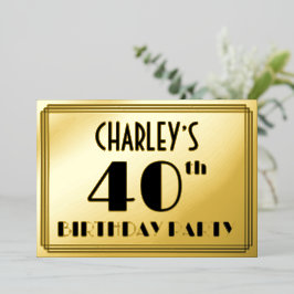 Invitación Con Relieve Metalizado 40.º Fiesta de cumpleaños — Art Deco Look "40" + N