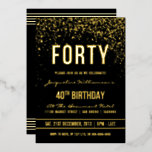 Invitación Con Relieve Metalizado 40.º Fiesta de cumpleaños | Confetti de oro deslum<br><div class="desc">Esta formal, elegante, moderna y moderna invitación al Relieve metalizado de cuarenta años es apta para hombres y mujeres. Comprende líneas limpias doradas, un guión gótico elegante de funda superior y un sofisticado texto de Relieve metalizado dorado sobre un fondo negro con duchas de confeti dorado brillante, brillantes y reboques...</div>