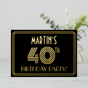 Invitación Con Relieve Metalizado 40.º Fiesta de cumpleaños — Estilo Art Deco "40" +