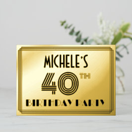 Invitación Con Relieve Metalizado 40.º Fiesta de cumpleaños — Estilo Art Deco "40" y