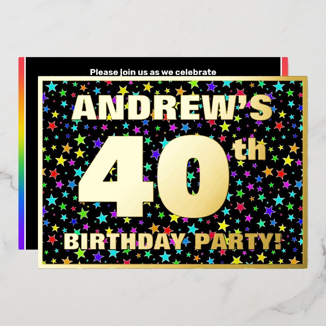 Invitación Con Relieve Metalizado 40.º Fiesta de cumpleaños — Patrón de estrellas di (Anverso/Reverso)