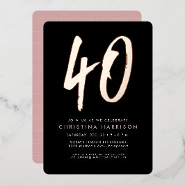 Invitación Con Relieve Metalizado 40.º fiesta de cumpleaños rosa negro negrita moder