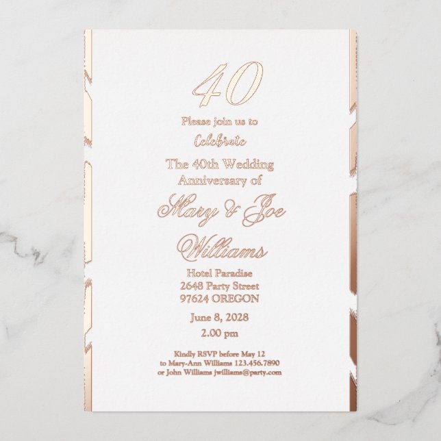 Invitación Con Relieve Metalizado 40 años Jubileo Cumpleaños 40 aniversario Boda (Anverso)