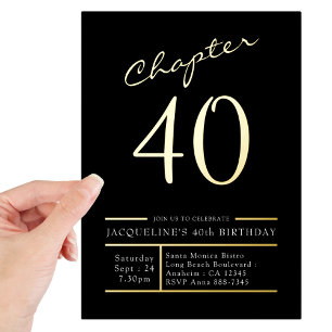 Invitación Con Relieve Metalizado 40 Black 40th Birthday Fiesta Gold