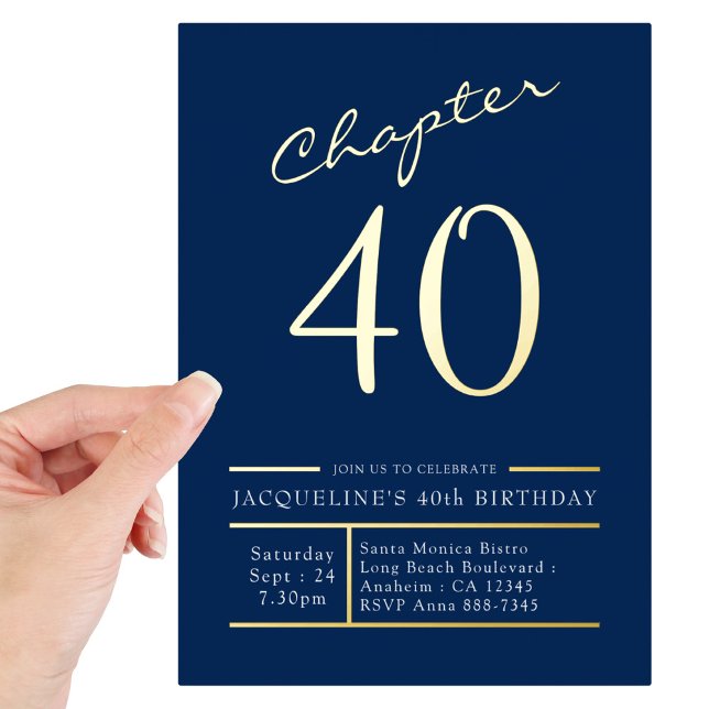 Invitación Con Relieve Metalizado 40 Blue 40th Birthday Fiesta Gold (Subido por el creador)