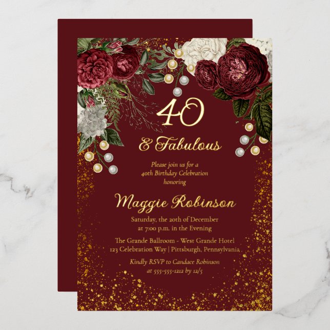 Invitación Con Relieve Metalizado 40 y fabulosa fiesta de cumpleaños floral Glam Ros (Anverso/Reverso)
