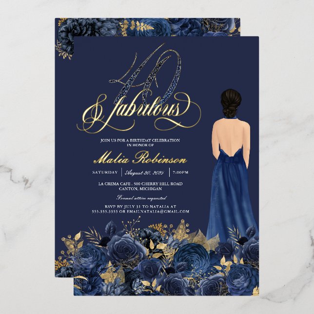 Invitación Con Relieve Metalizado 40 y Fabuloso Elegante Blue & Gold Birthday Real (Anverso/Reverso)