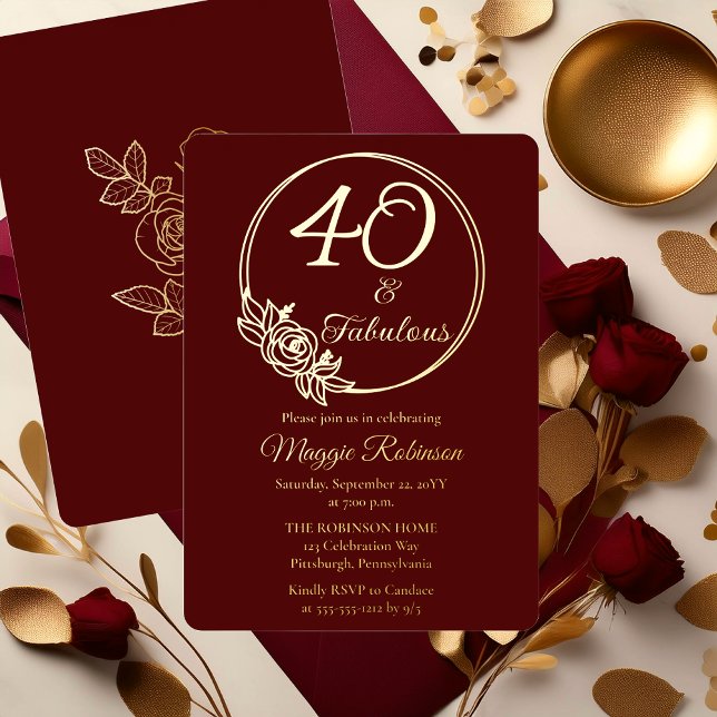 Invitación Con Relieve Metalizado 40 y fabuloso Fiesta de cumpleaños número 40 estam (Elegant Rose Wreath 40 and Fabulous 40th Birthday Party Burgundy Stamped Gold Foil Invitation )