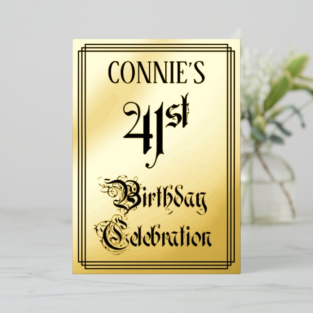 Invitación Con Relieve Metalizado 41ª Fiesta de Cumpleaños — Guión Elegante + Nombre (Anverso de pie)