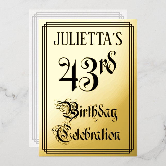 Invitación Con Relieve Metalizado 43.ª Fiesta de Cumpleaños — Guión elegante + Nombr (Anverso/Reverso)