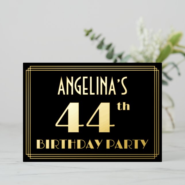 Invitación Con Relieve Metalizado 44ª Fiesta de Cumpleaños: Art Deco Look "44", con  (Anverso de pie)
