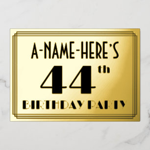 Invitación Con Relieve Metalizado 44ª Fiesta de Cumpleaños — Aspecto Art Deco "44" +