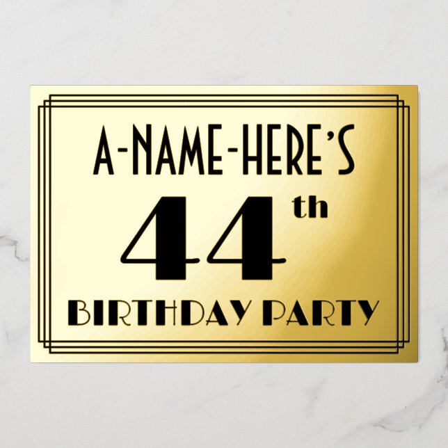 Invitación Con Relieve Metalizado 44ª Fiesta de Cumpleaños — Aspecto Art Deco "44" + (Anverso)