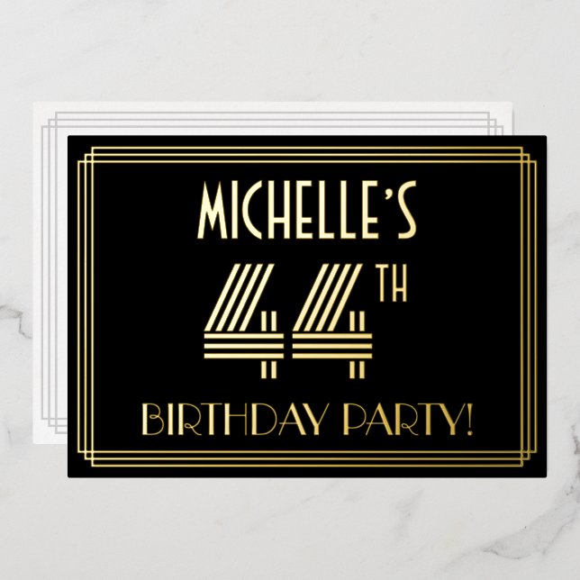 Invitación Con Relieve Metalizado 44ª Fiesta de Cumpleaños — Estilo Art Deco "44" +  (Anverso/Reverso)
