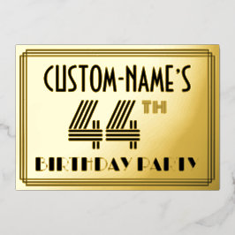 Invitación Con Relieve Metalizado 44ª Fiesta de Cumpleaños — Estilo Art Deco "44" y 