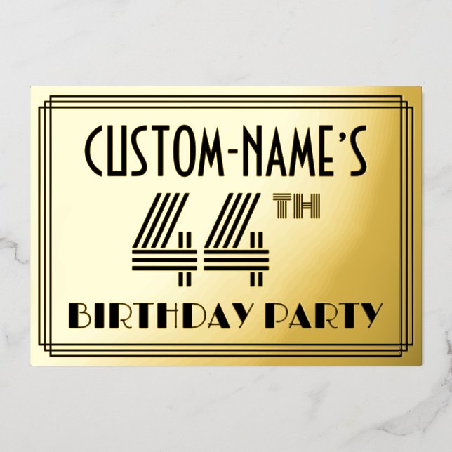 Invitación Con Relieve Metalizado 44ª Fiesta de Cumpleaños — Estilo Art Deco "44" y  (Anverso)